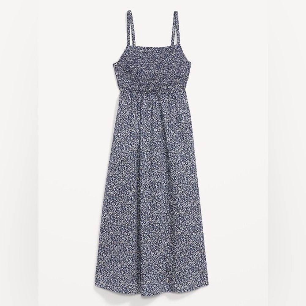 Old Navy Fit & Flare Cotton-Poplin Smocked Cutout Cami Midi Dress in Blue Floral